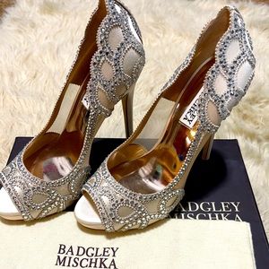 Badgley Mischka open toe pump. Witney ivory satin